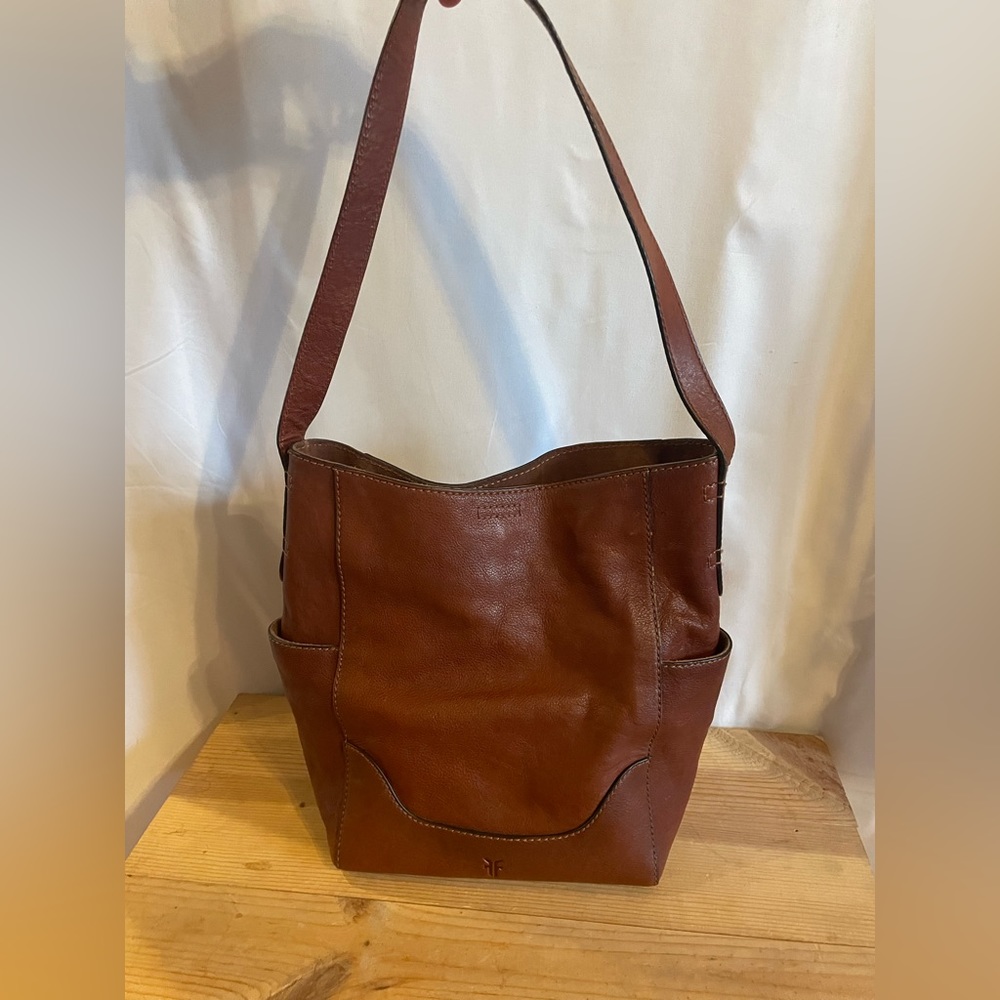 Frye Leather Side Pocket Cognac Hobo Tote